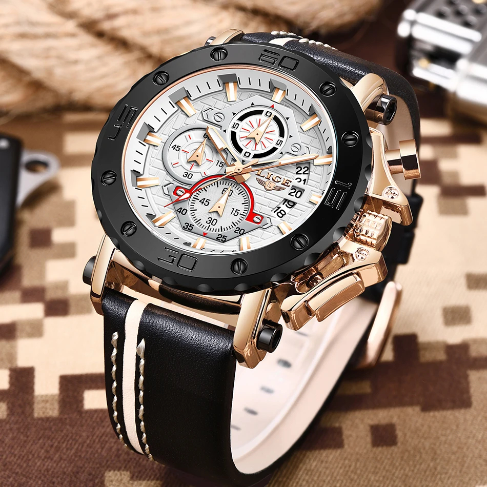 Ceas barbatesc de mana Lige Elegant Cronograf Quartz Analog Luxury Piele