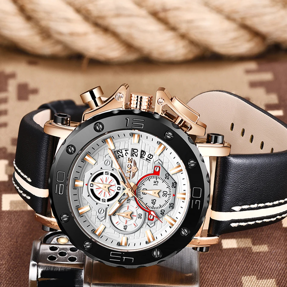 Ceas barbatesc de mana Lige Elegant Cronograf Quartz Analog Luxury Piele