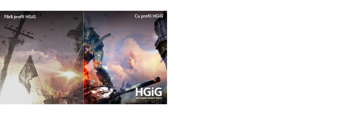 O scenă dintr-un joc, jumătate de televizor LCD/LED cu calitate slabă a imaginii si o altă jumătate pe un televizor OLED LG cu calitate foarte clară si vie a imaginii