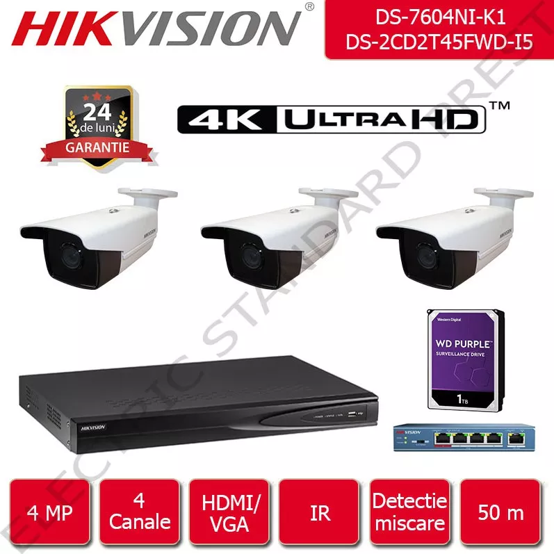 Manifest casualties agency Hikvision 50 m IR format din 1x NVR + 3x camere IP Ultra HD 4 la DOMO