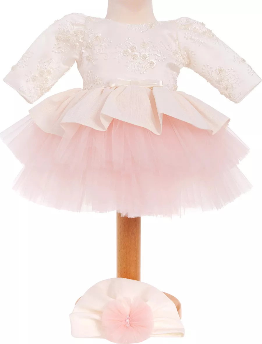 Rochita botez Emma crem-roz maneca lunga 2 piese 6-9 luni vnc63 - domo.ro