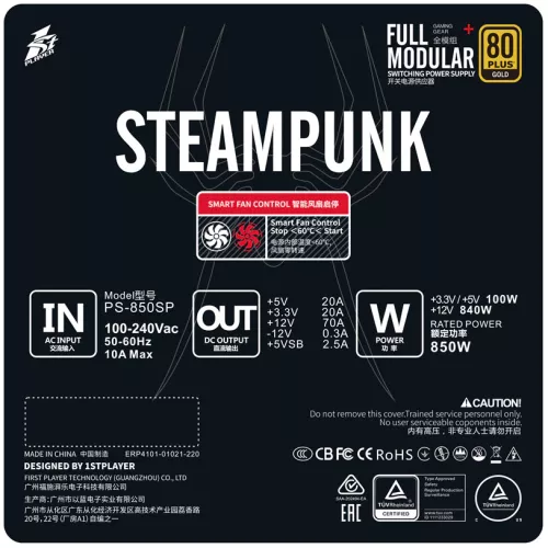 Sursa PC 1stPlayer® 850W 80 PLUS® Gold Full Modular PFC activ PS-850SP ...