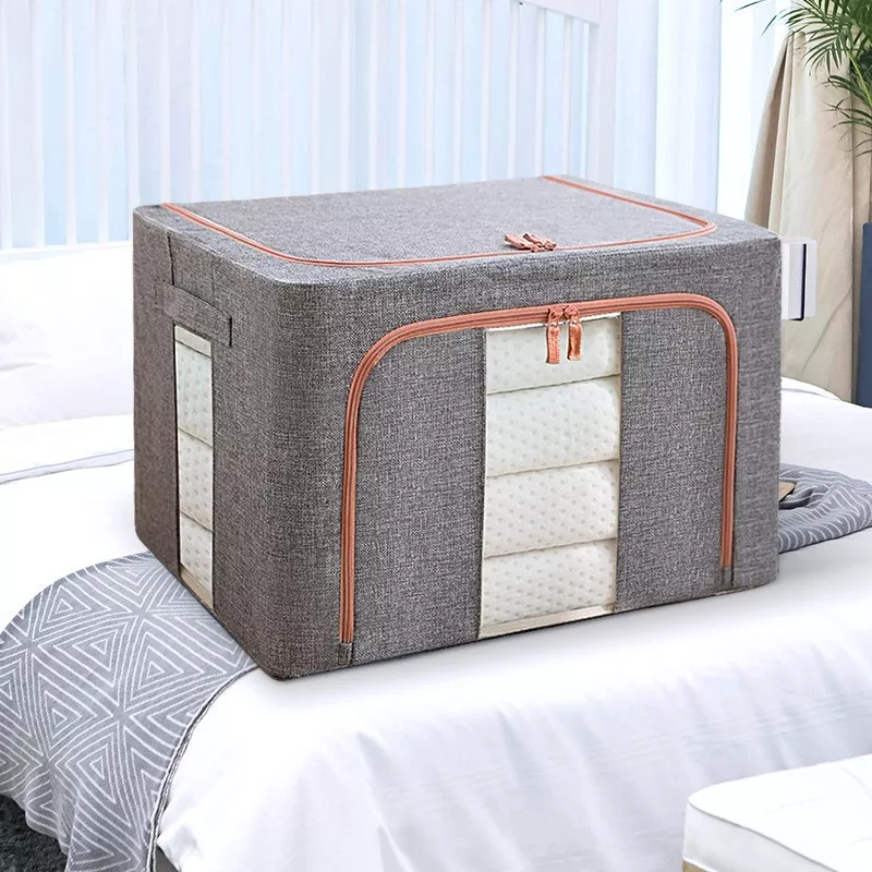Cutie de depozitare pliabila Flippy Cu fermoar 100 L Textil 60x42x40 cm Cadru Metalic Suport Baza Stabil din Plastic Gri Cu doua ferestre