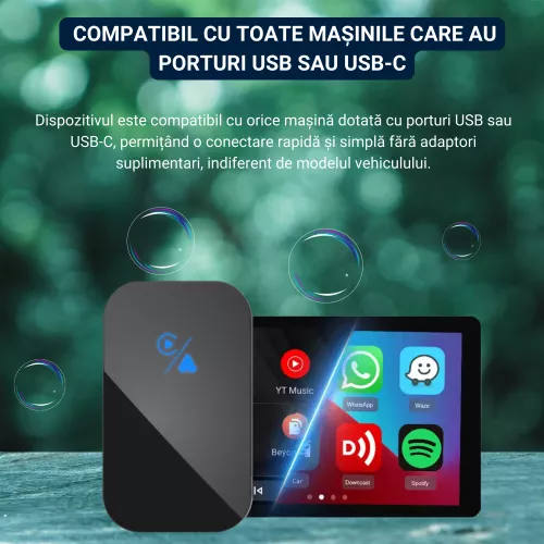 Modulator wireless 2 in 1 CarPlay si Android Auto compatibil Apple si Android conectivitate USB si USB-C navigatie apeluri mesaje muzi