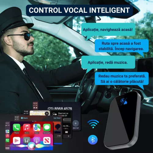 Modulator wireless 2 in 1 CarPlay si Android Auto compatibil Apple si Android conectivitate USB si USB-C navigatie apeluri mesaje muzi
