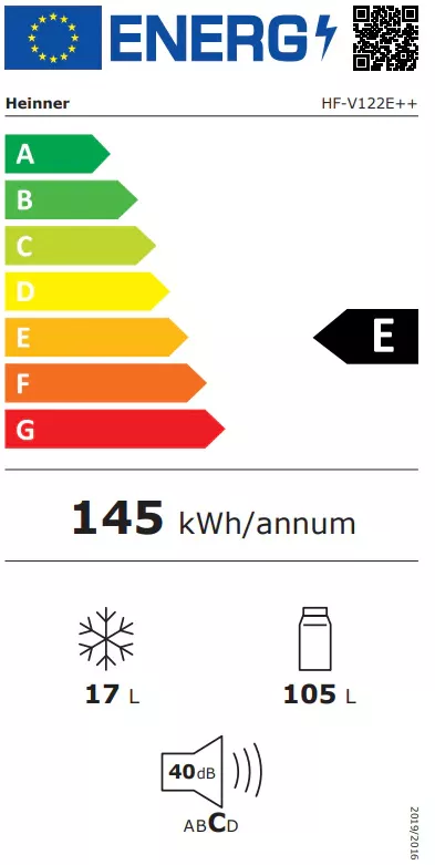 Frigider cu o usa Heinner HF-V122E++ 122 l Clasa E Iluminare LED Control