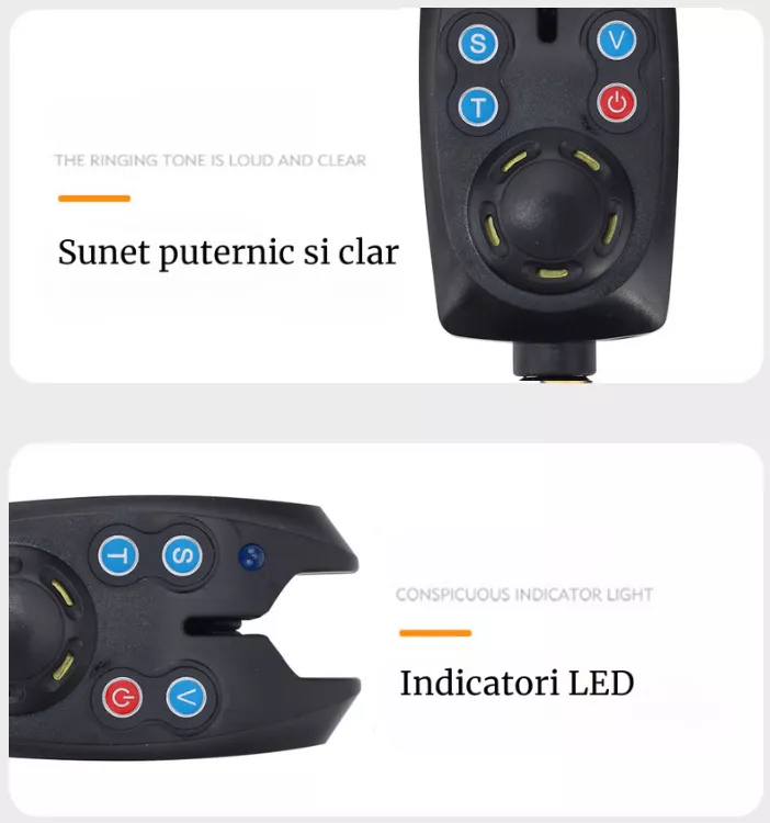Set 4 bucati senzor pescuit FishEdge Black avertizor sonor si luminos relaj volum ton sensibilitate digital alimentare baterie 9v
