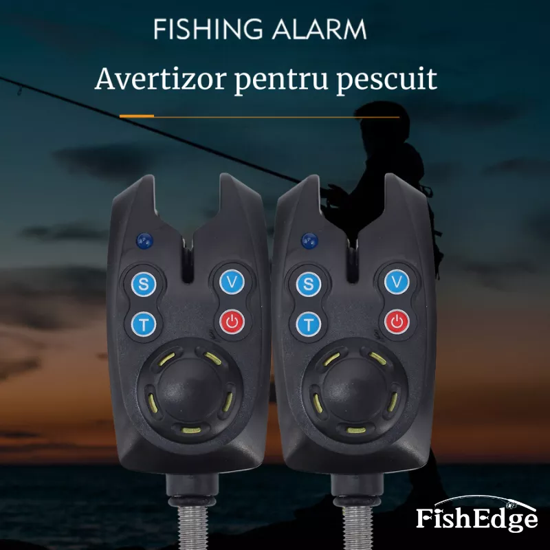 Set 4 bucati senzor pescuit FishEdge Black avertizor sonor si luminos relaj volum ton sensibilitate digital alimentare baterie 9v