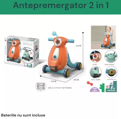 Antepremergator bebelusi 12 luni+ portocaliu 45x43x52 cm 3 roti efecte sonore si luminoase
