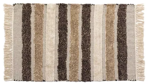 Covoras decorativ de iarna bumbac bej-maro cu dungi si franjuri 100 x 70 cm