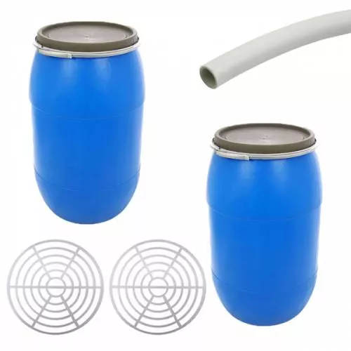 Pachet 2 Bucati Butoi 60l Din Plastic Alimentar Bidon Cu Capac Si Cerc Metalic 2 X Presa Rotunda Pentru Butoi 45cm Pac0126